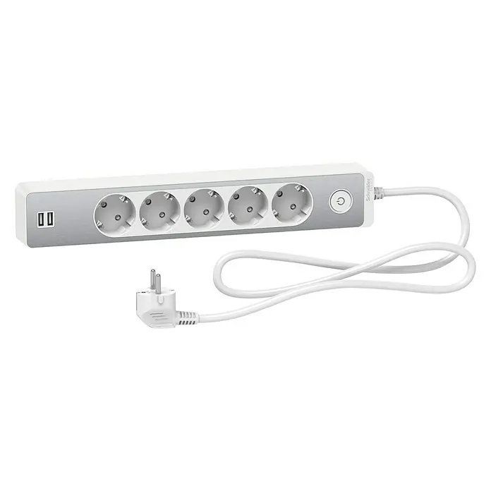 Schneider Electric Base de enchufe múltiple con USB - Número de enchufes Schuko: 5 ud., Blanco/Plateado, 1,5 m