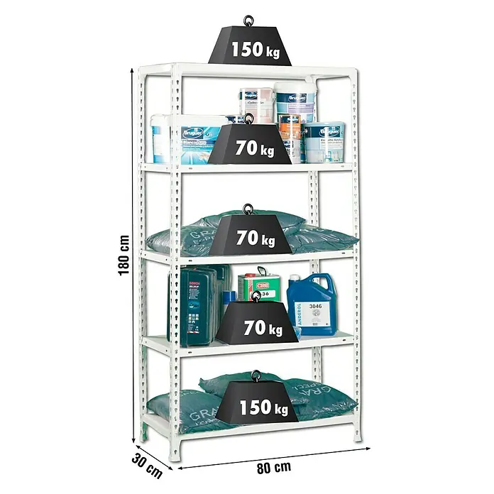 Simonrack Simonclick Estantería metálica Ecoclick Mini - L x An x Al: 30 x 80 x 180 cm, Capacidad de carga: 150 kg/balda, Número de baldas: 5 ud., Inserción, Blanco