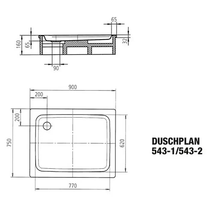 Kaldewei Duschwanne Duschplan 543-2 - L x B: 90 x 75 cm, Stahl, Weiß, Polystyrolträger - Skizze