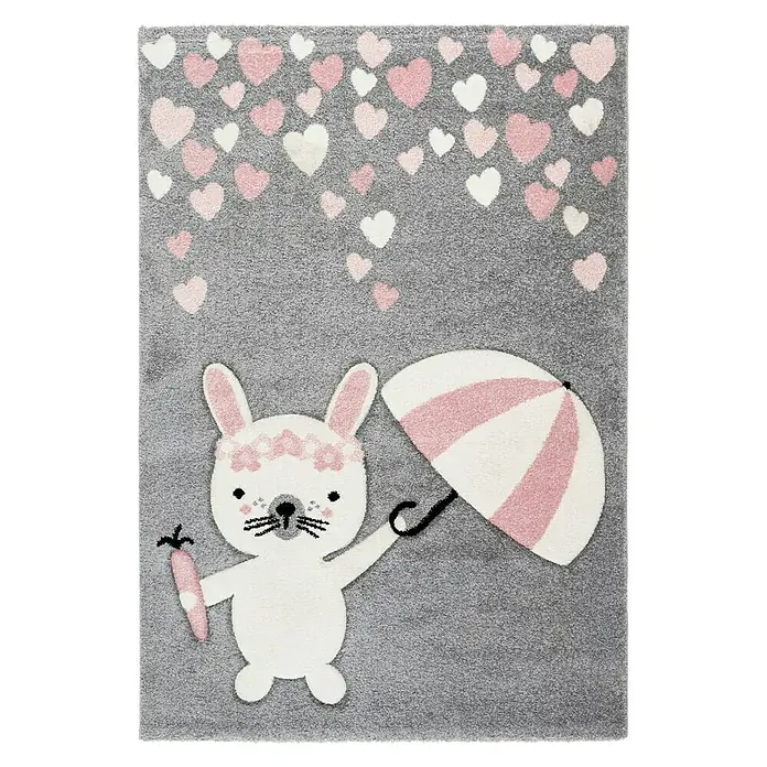 Kayoom Kurzflorteppich Hase mit Regenschirm - Rosa, 170 x 120 cm, 100 % Polypropylen - Ansicht von oben