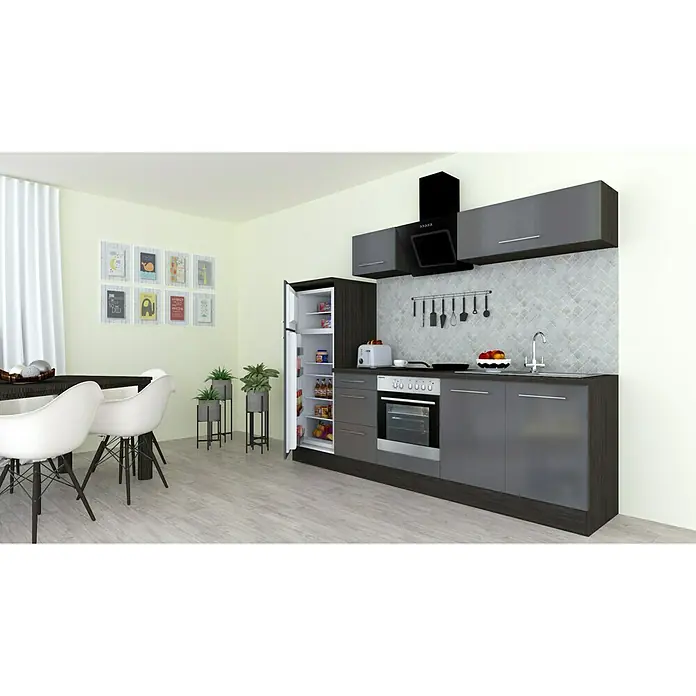 Respekta Premium Küchenzeile RP270EGCBO - Breite: 270 cm, Mit Elektrogeräten, Grau Hochglanz - Stimmungsaufnahme