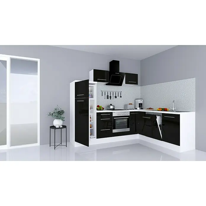 Respekta Premium Winkelküche RP260WSCBO - 60 x 260 cm, Mit Elektrogeräten, Schwarz Hochglanz - Stimmungsaufnahme