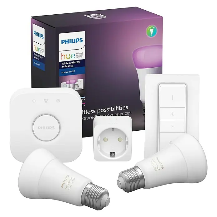 Philips Hue LED-Leuchtmittel-Set White & Color Ambiance - 2 x LED-Leuchtmittel, 1 x Fernbedienung, 1 x Hue Bridge, 1 x Netzteil, 1 x Ethernet-Netzwerkkabel - Linke Seitenansicht