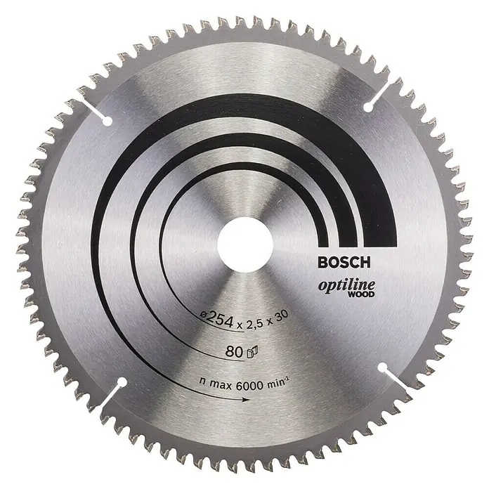 Bosch Kreissägeblatt Optiline Wood - Durchmesser: 254 mm, Bohrung: 30 mm, Anzahl Zähne: 80 Zähne - Vorderansicht