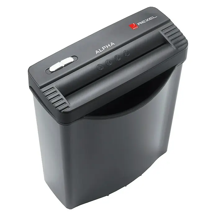 Rexel Aktenvernichter Alpha - L x B x H: 388 x 164 x 355 mm, Fassungsvermögen: 10 l, Streifenschnitt - Linke Seitenansicht