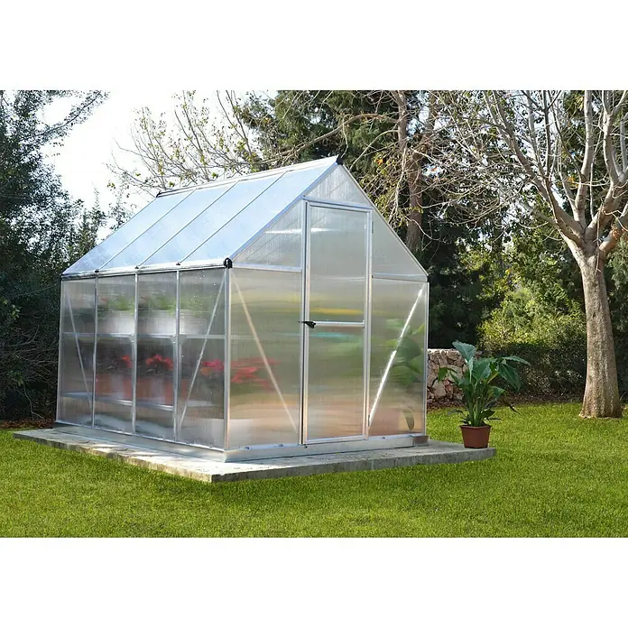 Palram – Canopia Gewächshaus Mythos 6x8 - 247 x 185 x 208 cm, Silber/Transparent - Vorderansicht