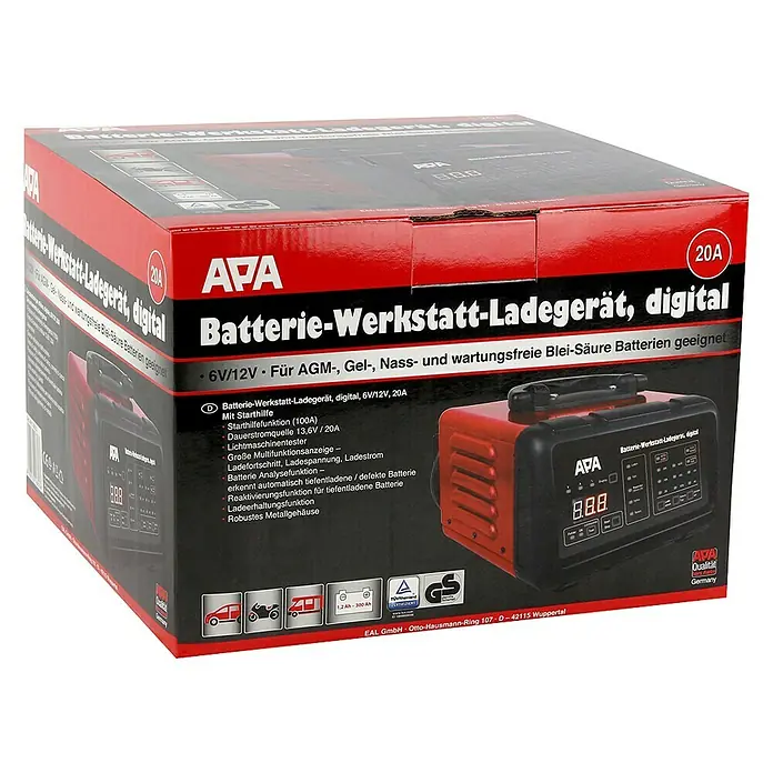 APA Batterie-Ladegerät mit Starthilfe - Ladestrom: 2 - 20 A, Geeignet für: AGM-/Gel-/Nass-/Blei-Säure-Batterien 6/12 V