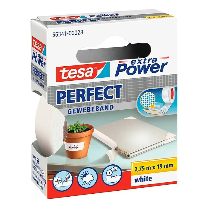 Tesa Extra Power Gewebeband PERFECT - Weiß, 2,75 m x 19 mm - Linke Seitenansicht