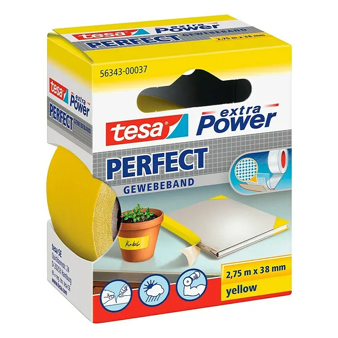 Tesa Extra Power Gewebeband PERFECT - Gelb, 2,75 m x 38 mm - Linke Seitenansicht