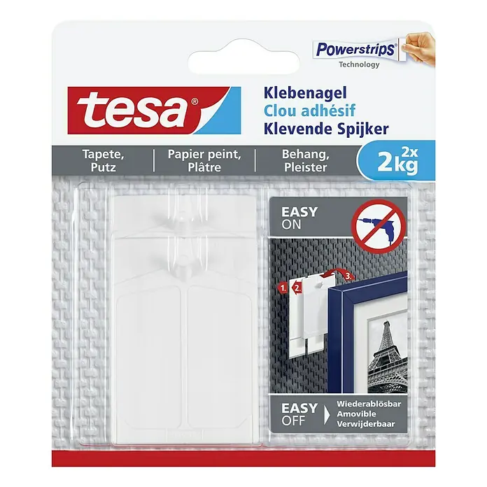 Tesa Klebenagel - Geeignet für: Tapeten, Belastbarkeit: 2 kg, 2 Stk., Weiß - Vorderansicht