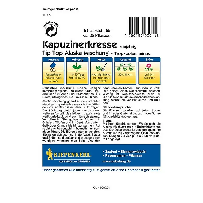 Kiepenkerl Profi-Line Kräutersamen Kapuzinerkresse Tip Top Alaska Mischung - Tropaeolum majus, Saatzeit: April - Rückansicht