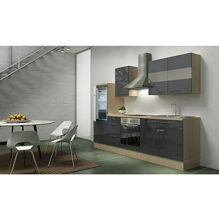 Respekta Küchenzeile Premium RP270AGC - L x B x H: 270 x 60 x 200 cm, Akazie-Nachbildung, Grau Hochglanz