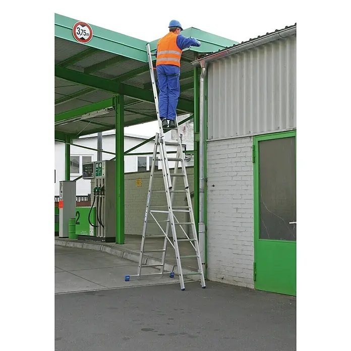 Krause Stabilo Sprossen-Mehrzweckleiter - Arbeitshöhe: 6,85 m, 3 x 9 Sprossen, Treppenfunktion, Aluminium - Anwendungsbeispiel