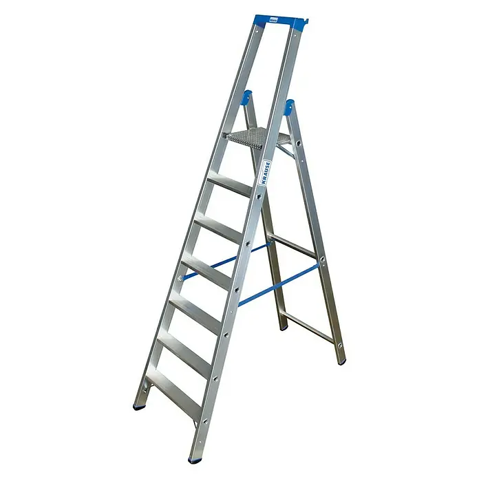 Krause Stabilo Stufenstehleiter - Arbeitshöhe: 3,65 m, Anzahl Tritte: 7 Stufen, Tiefe Stufen: 80 mm, Aluminium - Linke Seitenansicht