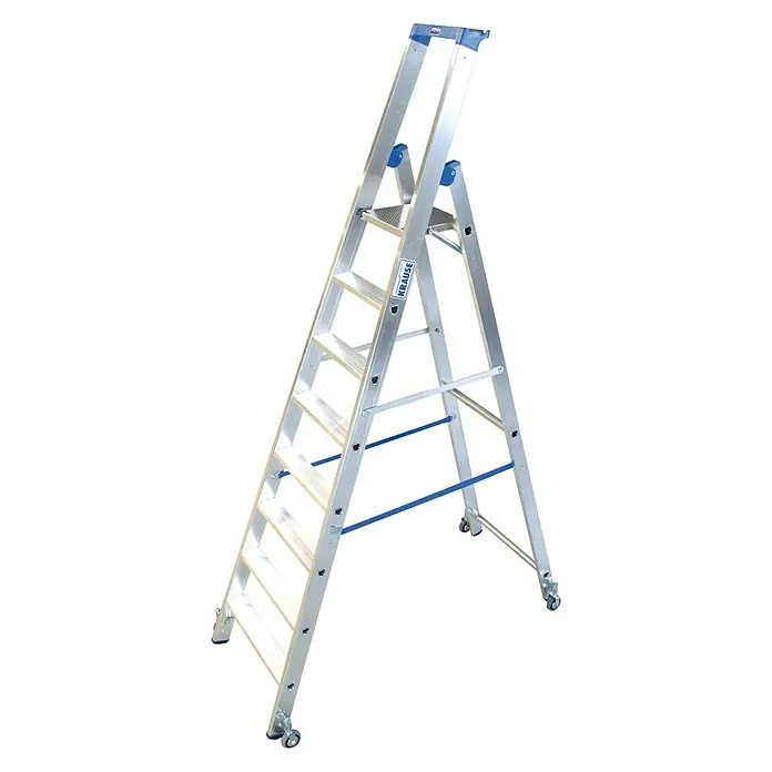 Krause Stabilo Stufenstehleiter Fahrbar - Arbeitshöhe: 3,9 m, Anzahl Tritte: 8 Stufen, Tiefe Stufen: 80 mm, Aluminium, Fahrbar - Linke Seitenansicht