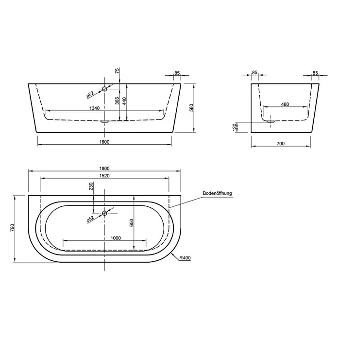 Ottofond Freistehende Badewanne Siesta - 180 x 79 cm, Sanitäracryl, Weiß - Detailaufnahme