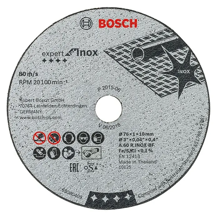 Bosch Professional Rezni disk A 60 R INOX BF - Promjer rezne ploče: 76 mm, Debljina plohe: 1 mm, Prikladno za: Plemeniti čelik, Namijenjeno za: Bosch Professional akumulatorske kutne brusilice GWS 12V-76 - Pogled sprijeda