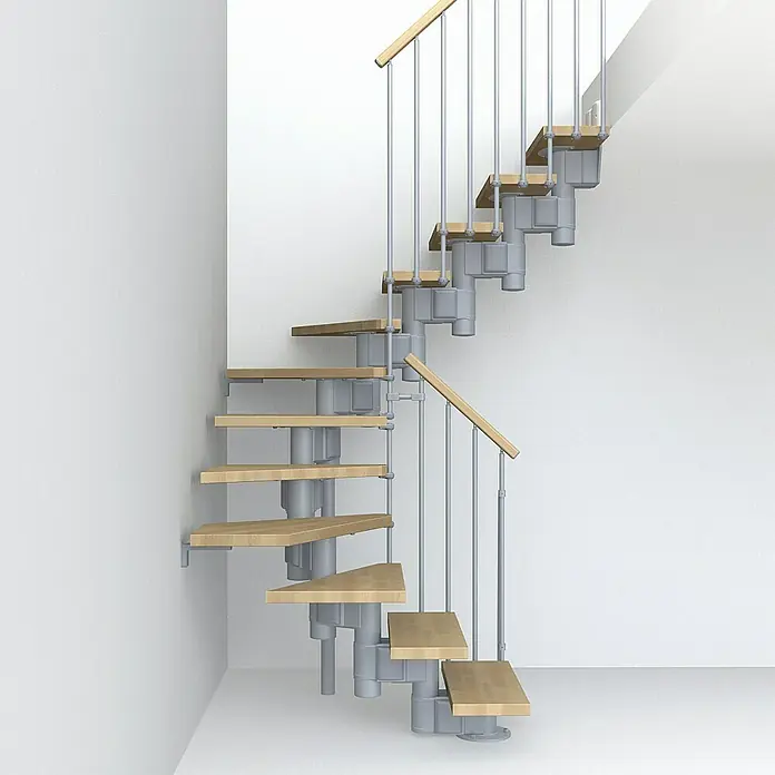 Fontanot Arké Mittelholmtreppe Kompact 89 - Breite: 89 cm, Grau Metallic, 2/4-gewendelt, Farbe Stufen: Buche Hell, Geschosshöhe: 225 cm - 303 cm - Linke Seitenansicht