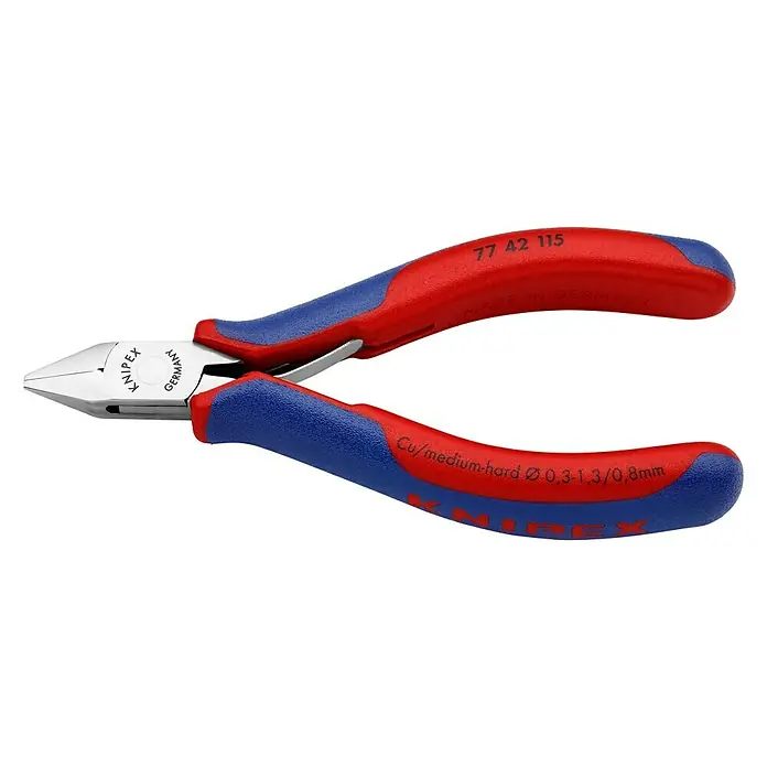 Knipex Seitenschneider - Länge: 115 mm, Material Griff: Mehrkomponenten-Hülle, Spitz, Ausführung Kopf: Mit kleiner Facette, Härte Schneide: Ca. 57 HRC - Ansicht von oben