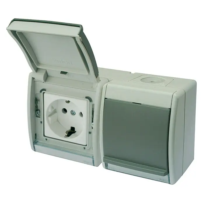 Simon 44 Aqua Enchufe para estancias con humedad doble - 2 Polos + Toma Tierra, Montaje en la pared, IP55, Gris