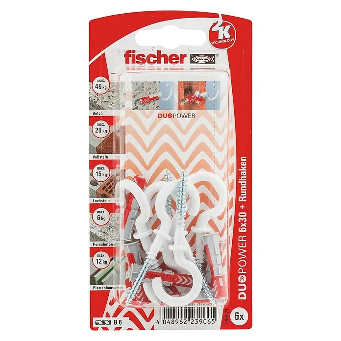 Fischer Duopower Dübel-Set 6 x 30 RH N K - Durchmesser Dübel: 6 mm, Länge Dübel: 30 mm, Rundhaken, 6 Stk., Nylonbeschichtet