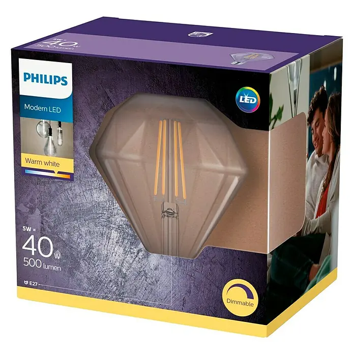 Philips Bombilla LED Modern Deco - 5 W, E27, Color de luz: Blanco cálido, Intensidad regulable, Diamante