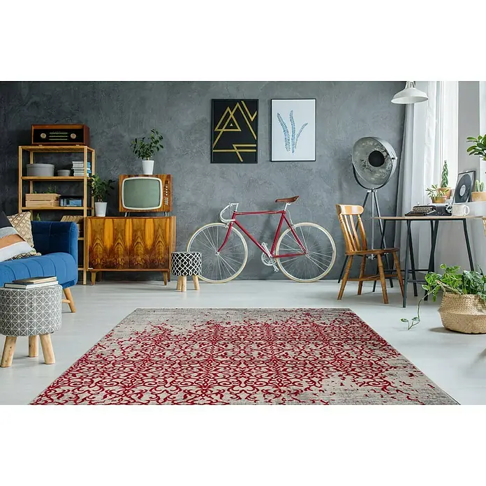 Kayoom Kurzflorteppich Baroque - Grau/Rot, 290 x 200 cm, 100 % Polyester - Detailaufnahme