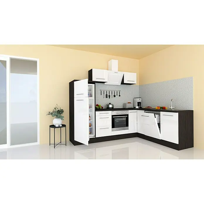 Respekta Premium Winkelküche RP260EWCBO - Breite: 260 cm, Mit Elektrogeräten, Weiß Hochglanz - Stimmungsaufnahme
