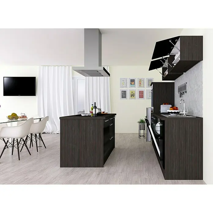 Respekta Premium Inselküche RP280IESCBO - Breite: 280 cm, Mit Elektrogeräten, Schwarz Hochglanz - Stimmungsaufnahme