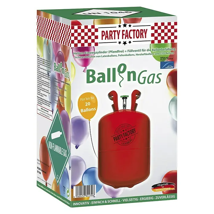 Party Factory Ballongas Helium inkl. 20 Ballons und 100 m Ballonschnur - 0,14 m³, Inhalt ausreichend für ca.: 20 Ballons - Vorderansicht