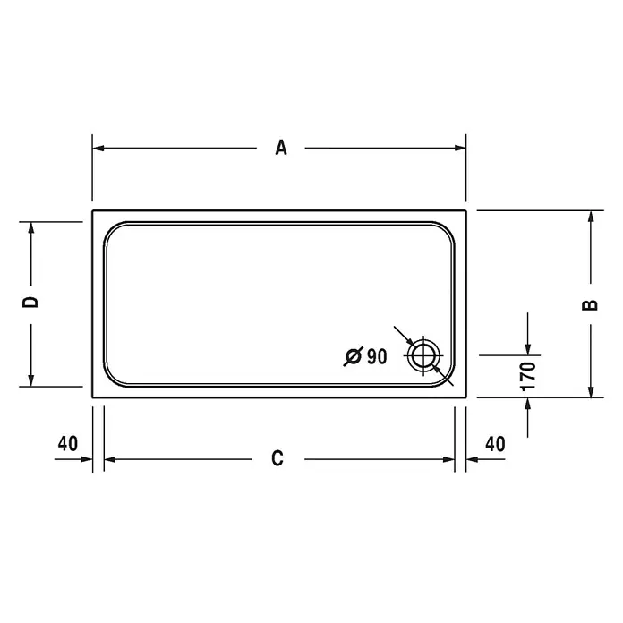 Duravit D-Code Duschwanne - L x B: 110 x 75 cm, Kunststoff, Weiß, Mit Antirutsch-Oberfläche, Rechteckig - Skizze