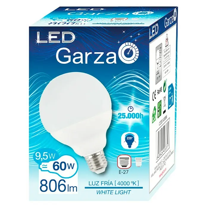 Garza Bombilla LED - 9,5 W, E27, Color de luz: Blanco neutro, No regulable, Globo