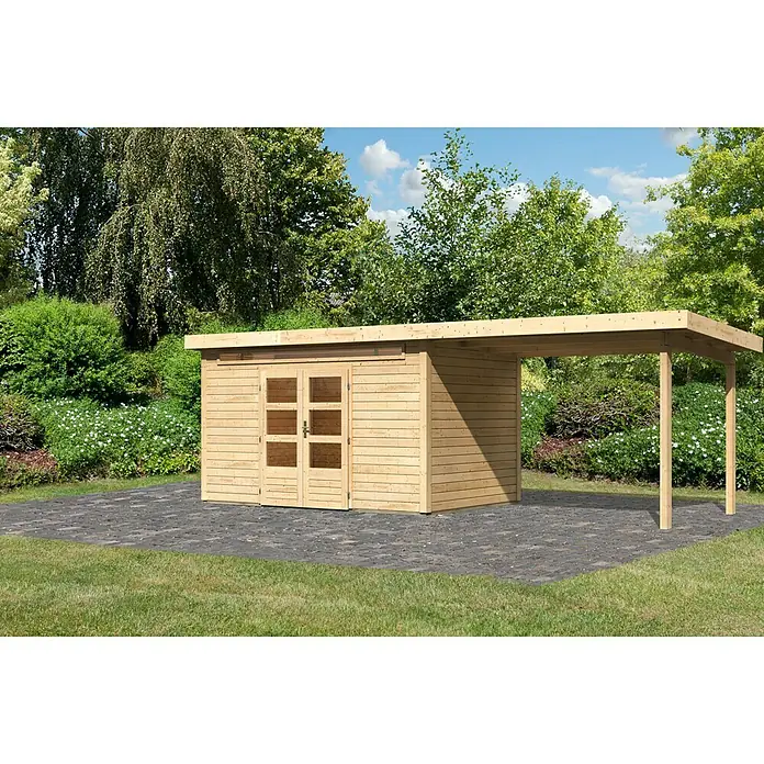 Karibu Gartenhaus Kandern 7 - 364 x 244 cm, Wandstärke: 28 mm, Flachdach, Ausführung: Mit Anbau - Linke Seitenansicht