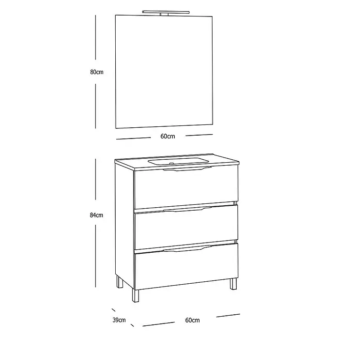 Conjunto de mueble de baño Abril Slim - 60 cm, Gris plata, Mate, 3 piezas