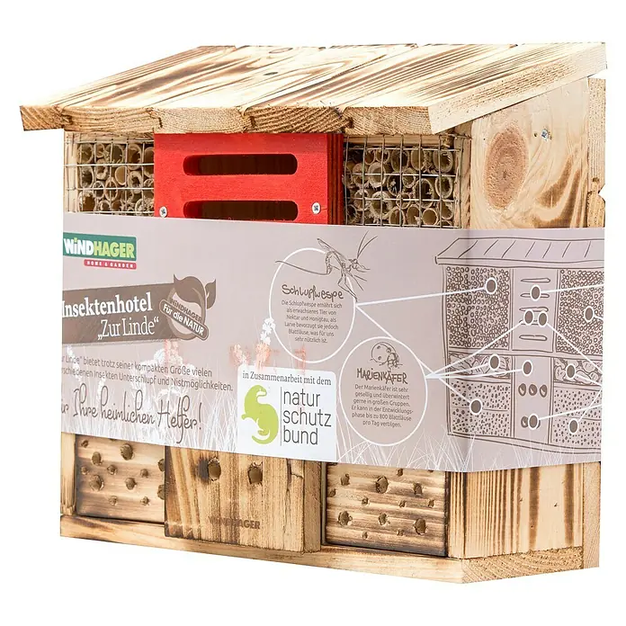 Windhager Insektenhotel Zur Linde - 30 x 13,5 x 27 cm, Naturbraun/Rot