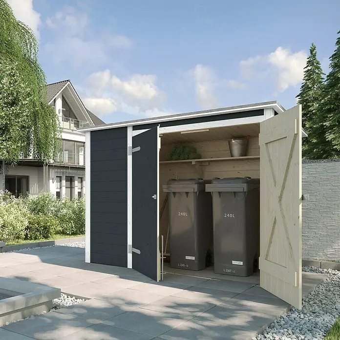 Weka Gerätehaus - Außenbreite inkl. Dachüberstand: 213 cm, Außentiefe inkl. Dachüberstand: 100 cm, Holz, Anthrazit, Weiß - Stimmungsaufnahme