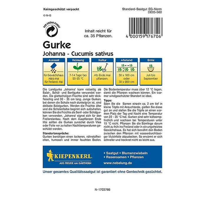Kiepenkerl Profi-Line Gemüsesamen Salatgurke Johanna - Cucumis sativus, Erntezeit: Juli - Rückansicht