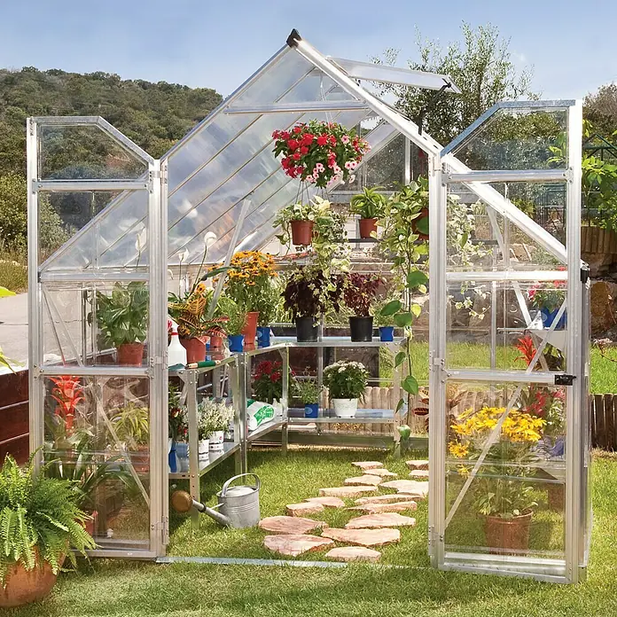 Palram – Canopia Gewächshaus Balance - 3,67 x 2,44 x 2,29 m, Polycarbonat, Glasstärke Seitenwände: 0,75 mm, Silber - Vorderansicht