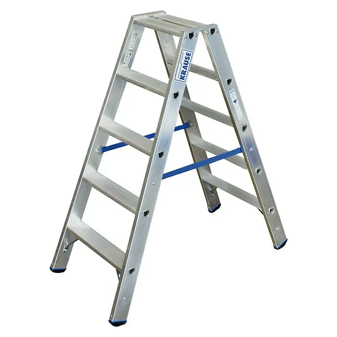 Krause Stabilo Stufen-Doppelleiter - Arbeitshöhe: 2,7 m, Anzahl Tritte: 2 x 5 Stufen, Tiefe Stufen: 80 mm, Aluminium - Linke Seitenansicht