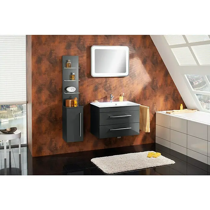 Camargue Stella Seitenschrank - 30,4 x 32,5 x 151,6 cm, 3 Glasböden mit LED-Beleuchtung, Grafit - Stimmungsaufnahme