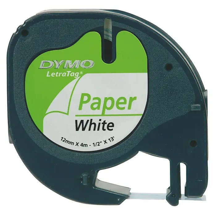 Dymo Beschriftungsband LT - 4 m x 12 mm, Farbe Druck: Schwarz, Farbe Band: Weiß, Papier - Vorderansicht