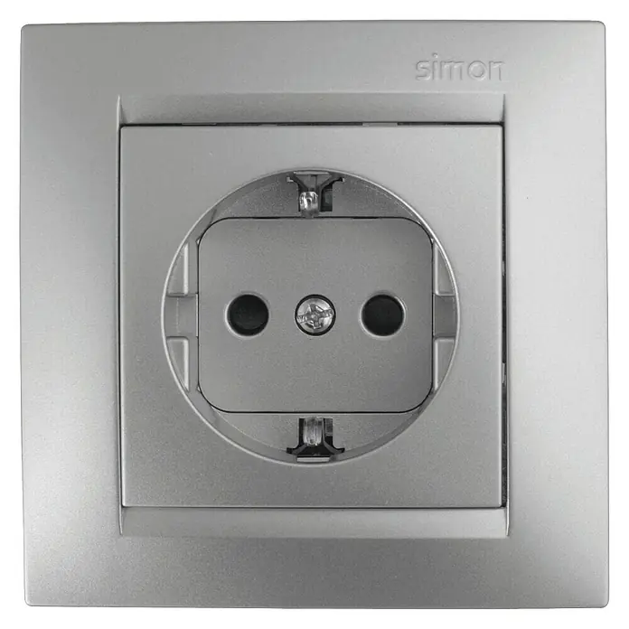 Simon 15 Enchufe - Aluminio, 2 Polos + Toma Tierra, En pared