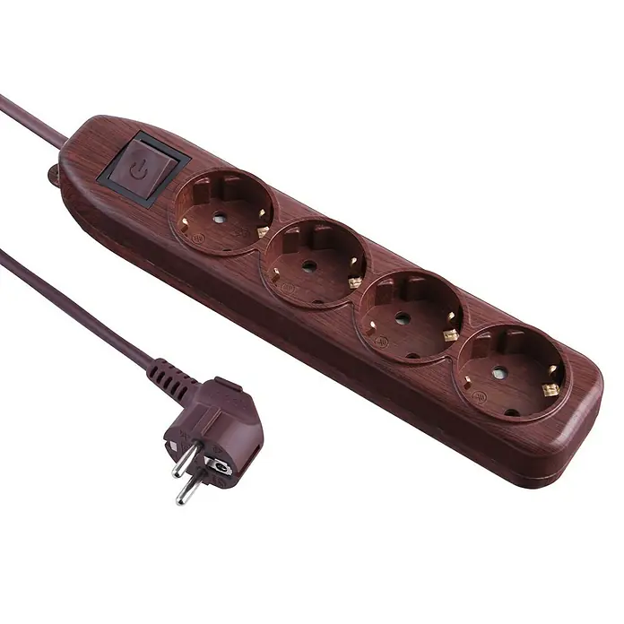 Electraline Base de enchufe múltiple - Número de enchufes Schuko: 4 ud., Madera oscuro, Longitud del cable: 1,5 m, 3.500 W