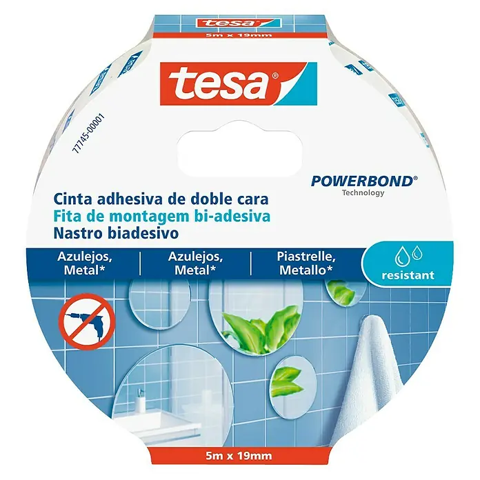 Tesa Powerbond Cinta de doble cara Resistente humedad - L x An: 5 m x 1,9 cm, Blanco