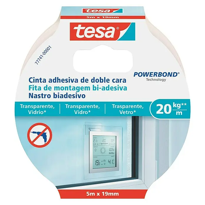 Tesa Powerbond Cinta de doble cara Vidrio - L x An: 5 m x 1,9 cm, Transparente