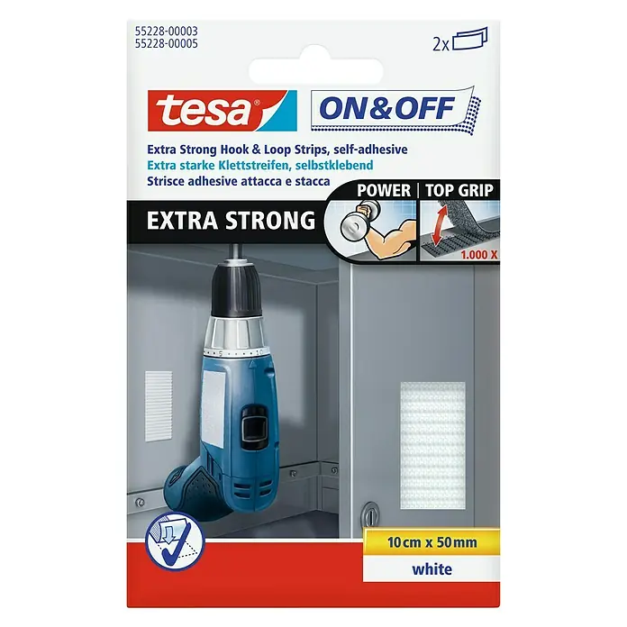 Tesa ON & OFF Cinta de velcro Extra Fuerte - L x An: 10 x 5 cm, Blanco