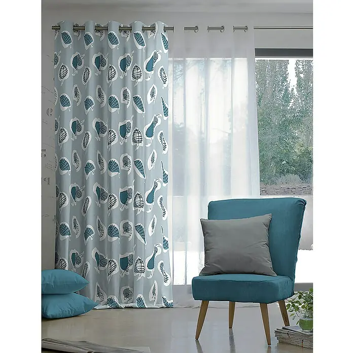 Cortina con ollaos Bari - 140 x 260 cm, 100% poliéster, Blanco/Azul