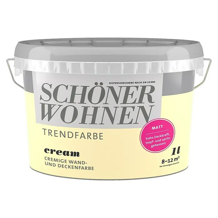 SCHÖNER WOHNEN-Farbe Wandfarbe Trendfarbe - Cream, 1 l, Matt, Konservierungsmittelfrei - Vorderansicht