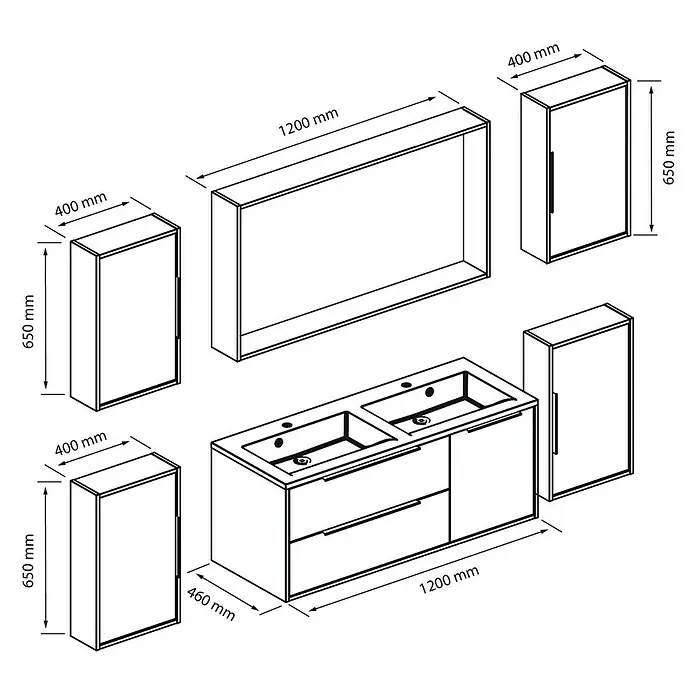 Allibert Badmöbel-Set Edge - 260 cm, 7 -tlg., Eiche Schwarz