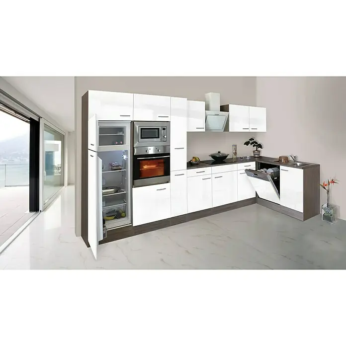 Respekta Winkelküche KBL370EYWMISGKE - 172 x 370 cm, Weiß Seidenglanz